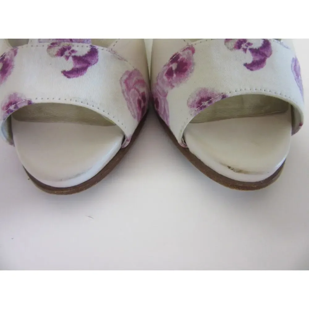 COLE HAAN Women's Purple Floral Print 6 1/2B Peep Toe Wedge T-Strap Heels